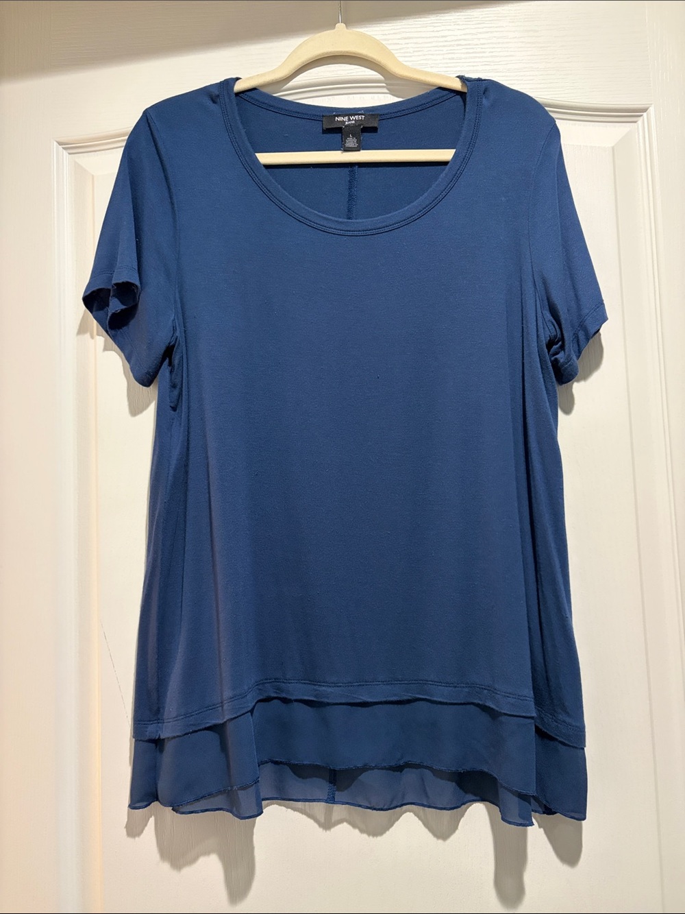 Nine West Navy Short Sleeve Layered-Hem Tee